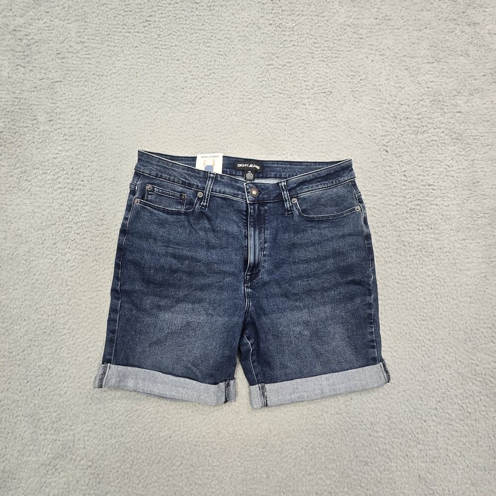 DKNY Jeans Womens 10 Denim Bermuda Shorts Dark Blue Cuffed Stretch NWT 1846183